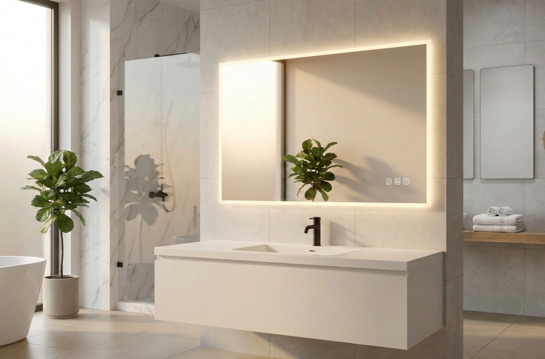 انواع مدل های آینه سرویس بهداشتی شامل آینه ساده، آینه دکوراتیو و آینه هوشمند لمسی در یک طراحی مدرن حمام