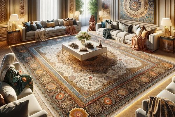 چیدمان فرش در پذیرایی مربع بدون مبل