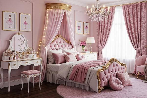 دکوراسیون اتاق خواب دخترانه لاکچری صورتی